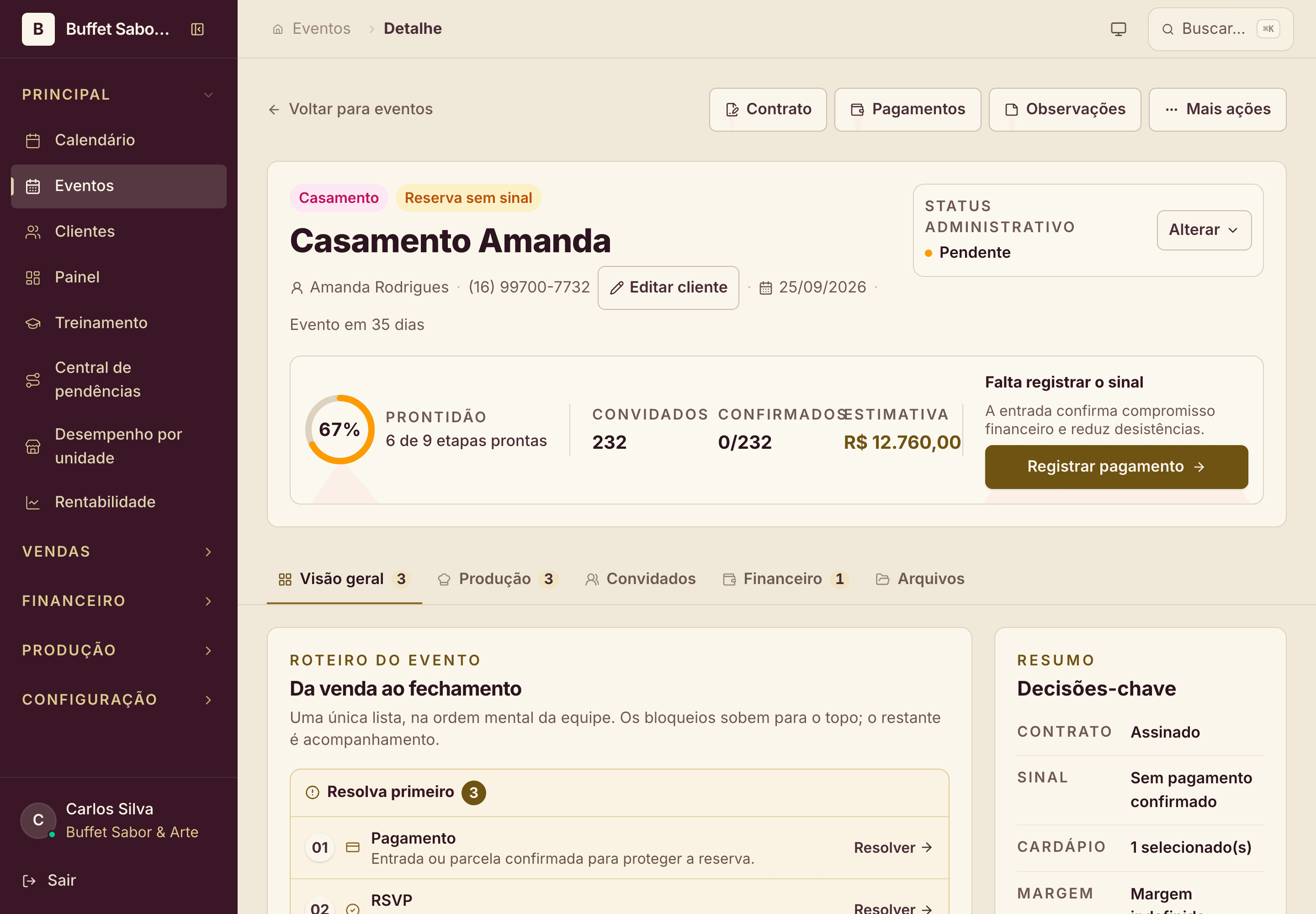 Tela real do BuffetOS: página de um casamento com anel de prontidão em 6 de 9 etapas, 232 convidados, estimativa de R$ 12.760 e contrato assinado no resumo de decisões.