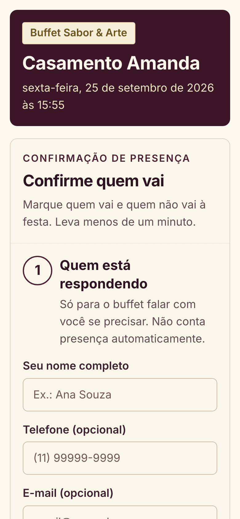 Tela real do BuffetOS no celular: página pública de confirmação de presença de um aniversário, com data da festa e formulário simples de quem vai.